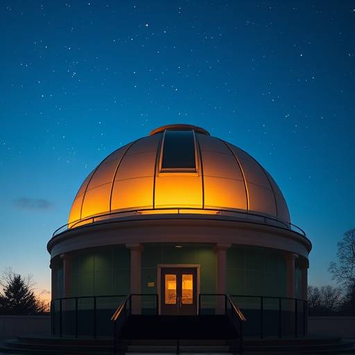 A modern observatory dome at Trinity University, illuminated against a dark blue twilight sky with visible stars.