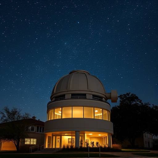 A sleek, modern observatory standing prominently on the campus of Sam Houston State University, under a starlit sky.