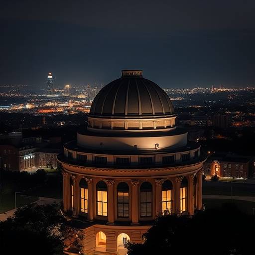 Panoramic view of Stephen F. Austin State University's campus at night, highlighting the observatory dome and its integration within the university's architecture.
